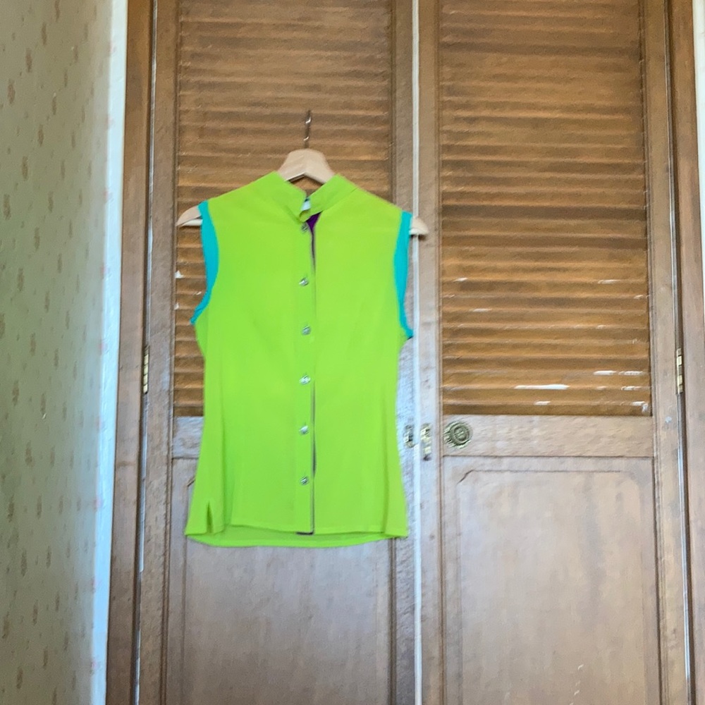 Versace Lime Green Sleeveless Button Front Blouse with Turquoise Trim